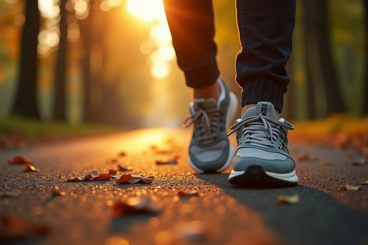 Détail de baskets sur un chemin bordé d