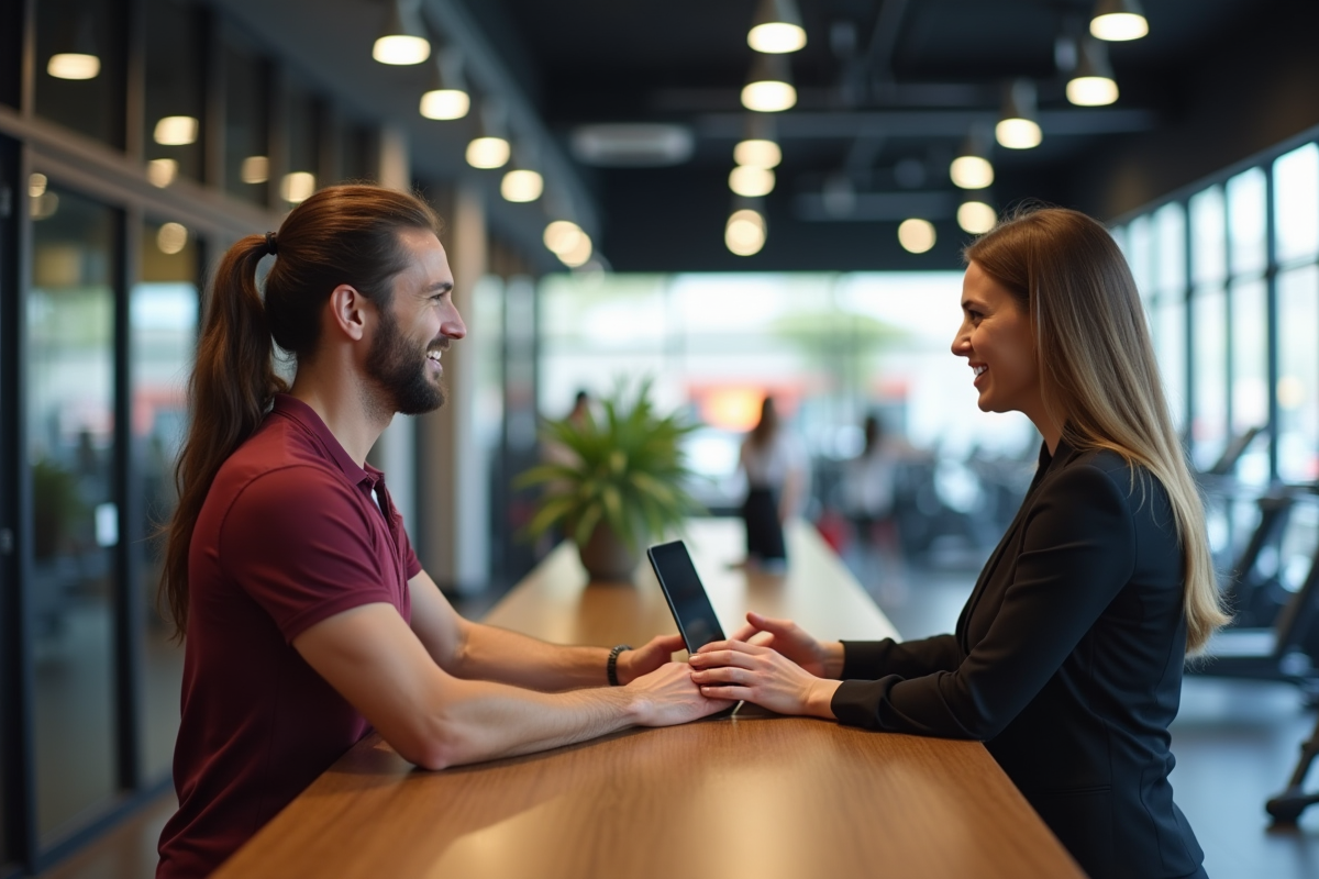 Coach accueillant un nouveau membre à la réception de Basic Fit