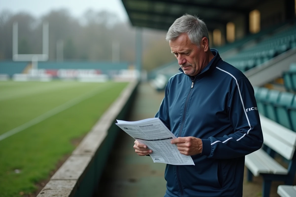 Entraineur de rugby analysant un score sur le terrain