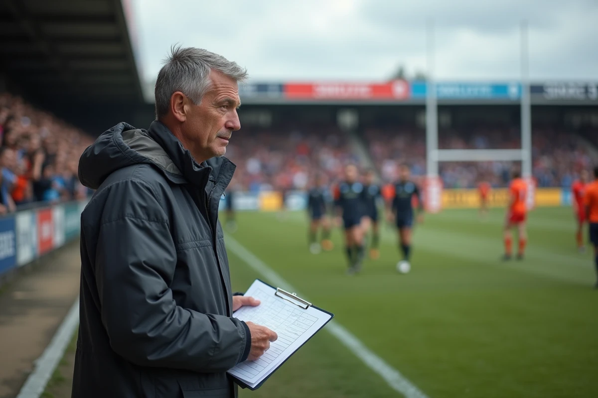 Entraineur de rugby regardant son clipboard sur le bord du terrain
