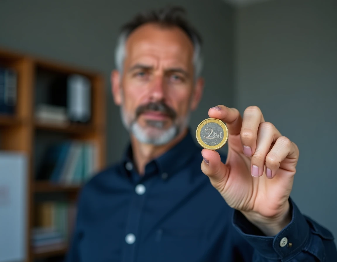 Collectionneur de monnaies tenant une pièce de 2 euros commémorative JO 2026 devant ses catalogues numismatiques