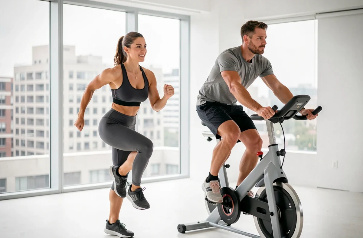 Comparaison visuelle entre une séance HIIT et un cardio classique avec deux sportifs dans un studio fitness moderne
