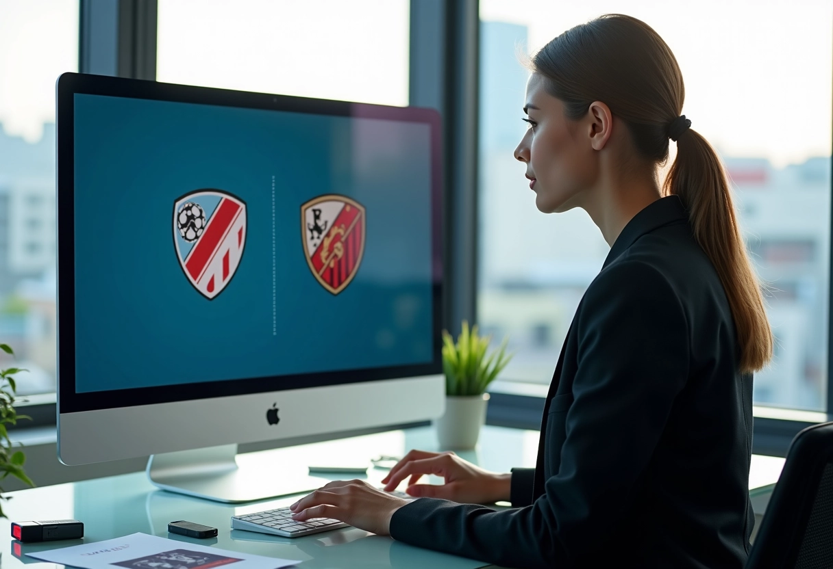 Femme comparant deux versions de logos de football sur moniteur