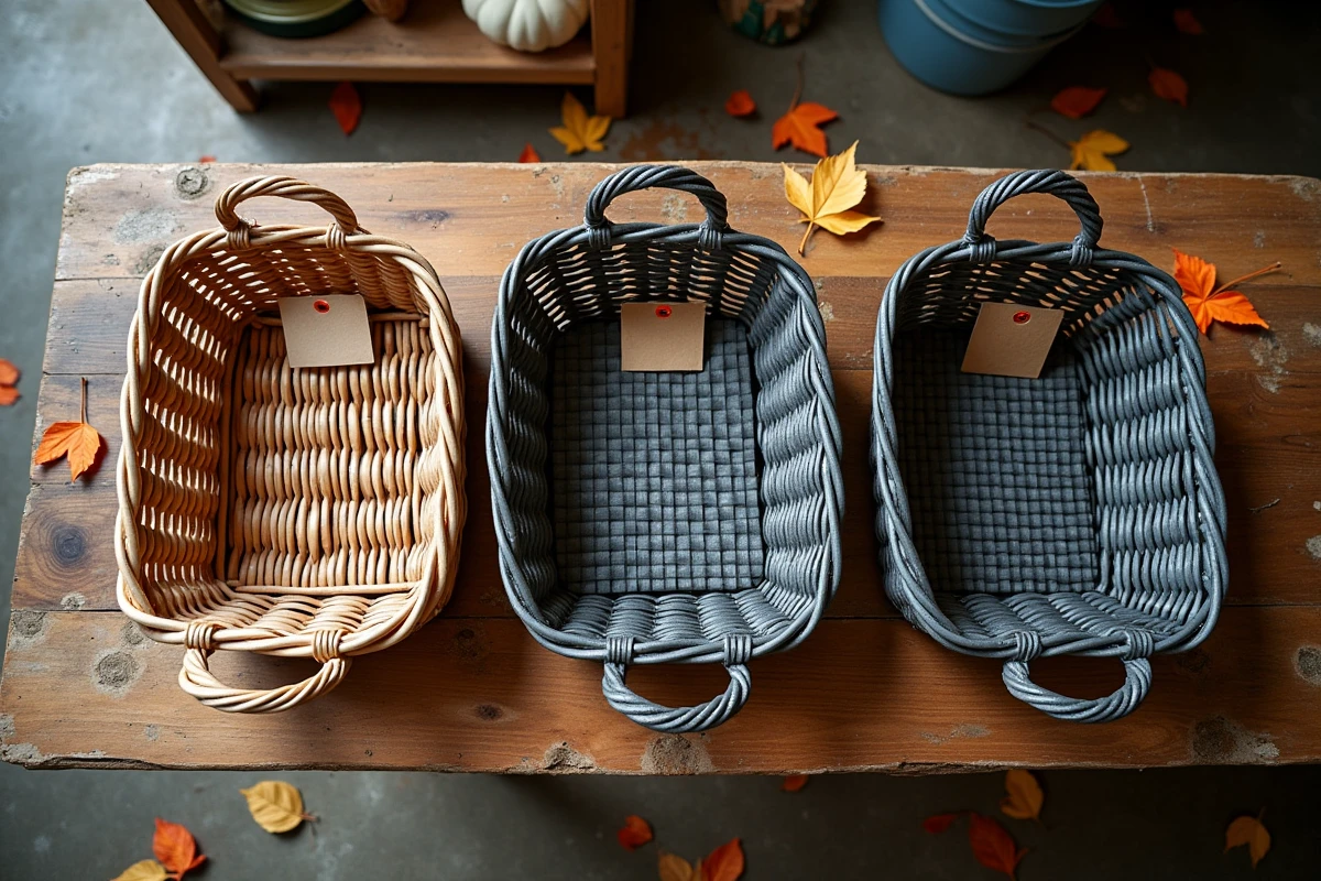 Comparaison de matériaux pour panier vélo : osier naturel, grillage métallique et polypropylène traité, disposés sur une table en bois