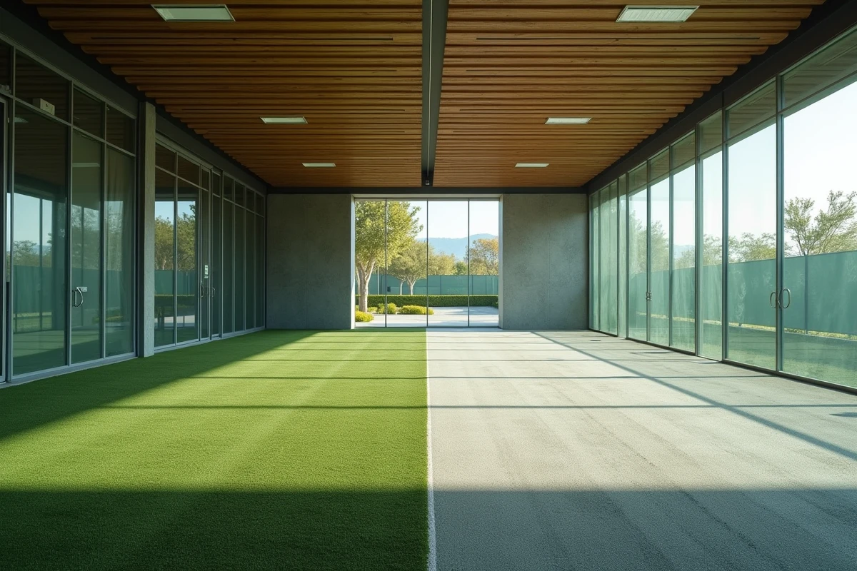 Comparaison architecturale entre un terrain de padel intérieur et un terrain extérieur photographiés côte à côte