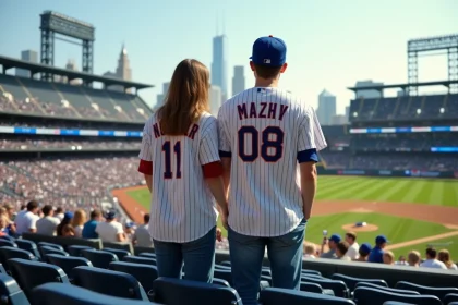 Jeune couple en maillots Mets au stade avec vue panoramique