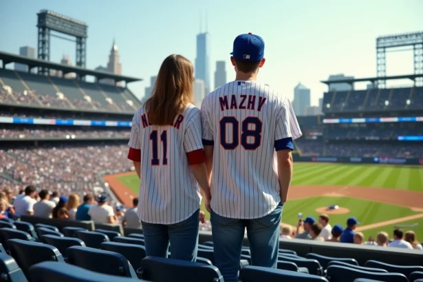 Jeune couple en maillots Mets au stade avec vue panoramique