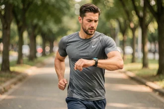 Coureur analysant sa vitesse en min/km sur sa montre GPS pendant un jogging urbain