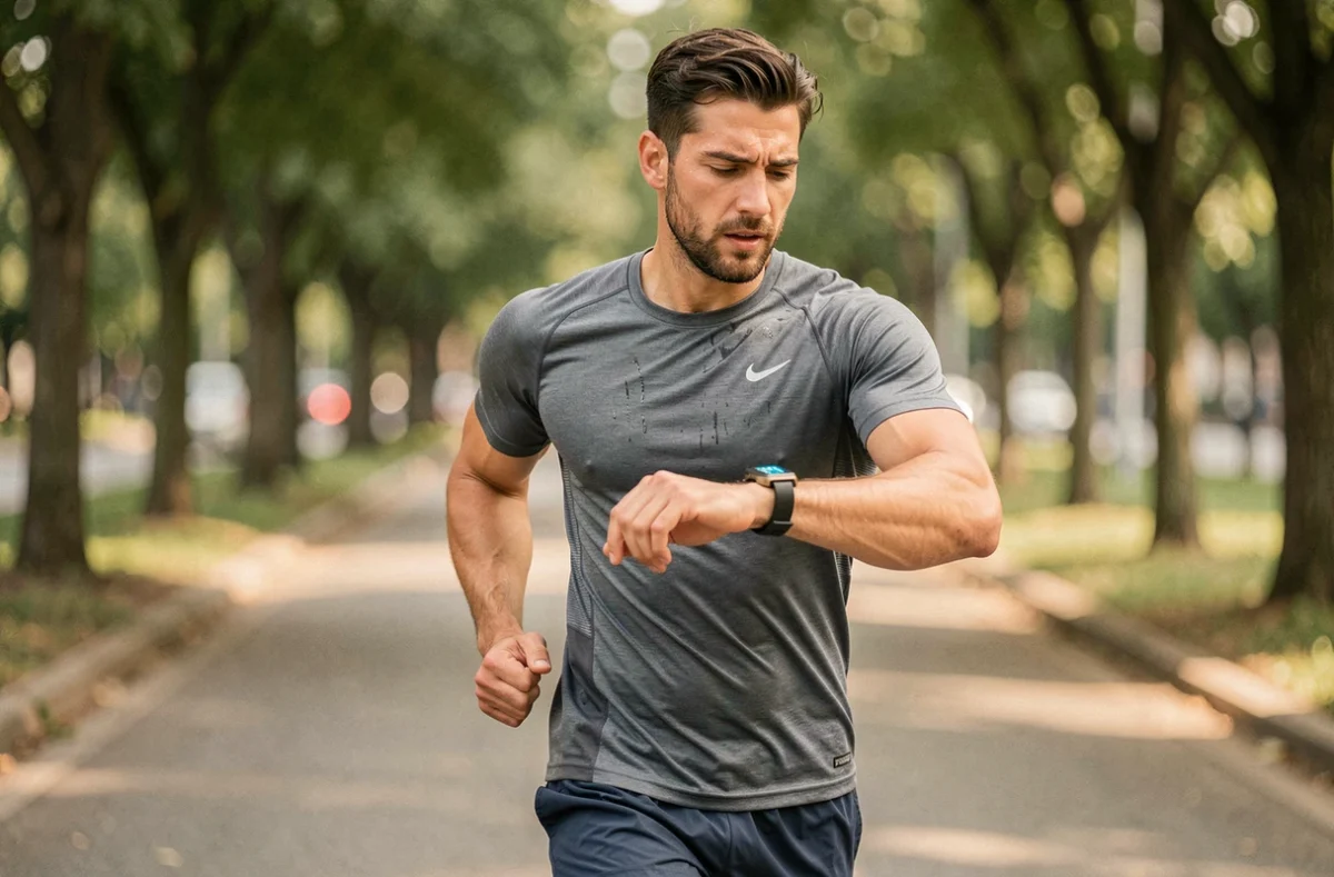 Coureur analysant sa vitesse en min/km sur sa montre GPS pendant un jogging urbain