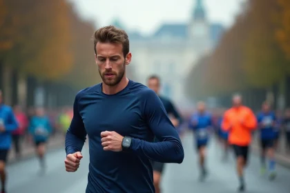 Coureur masculin vérifiant son allure sur montre GPS pendant un semi-marathon sur route asphaltée