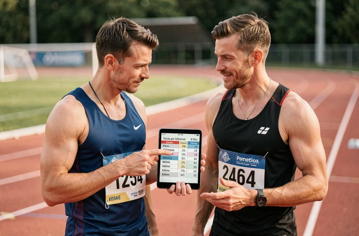 Deux coureurs comparant des données de pace en min/km et km/h sur une tablette au bord d'une piste d'athlétisme