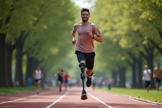 Jeune homme courant avec prothese sportive dans un parc