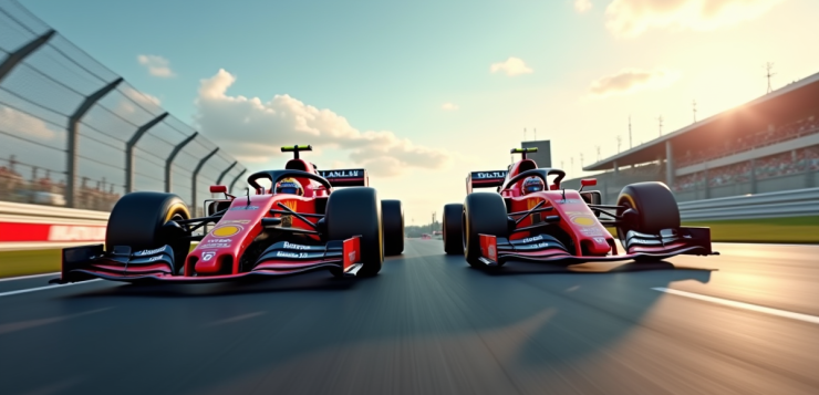 Voiture de F1 et moto GP en course sur circuit en plein jour