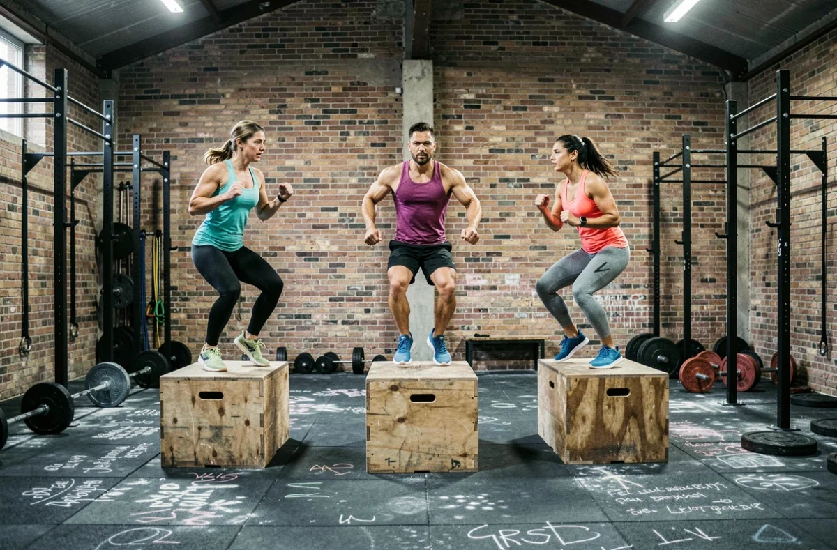 Groupe de pratiquants effectuant des box jumps dans le CrossFit Minimes à Toulouse