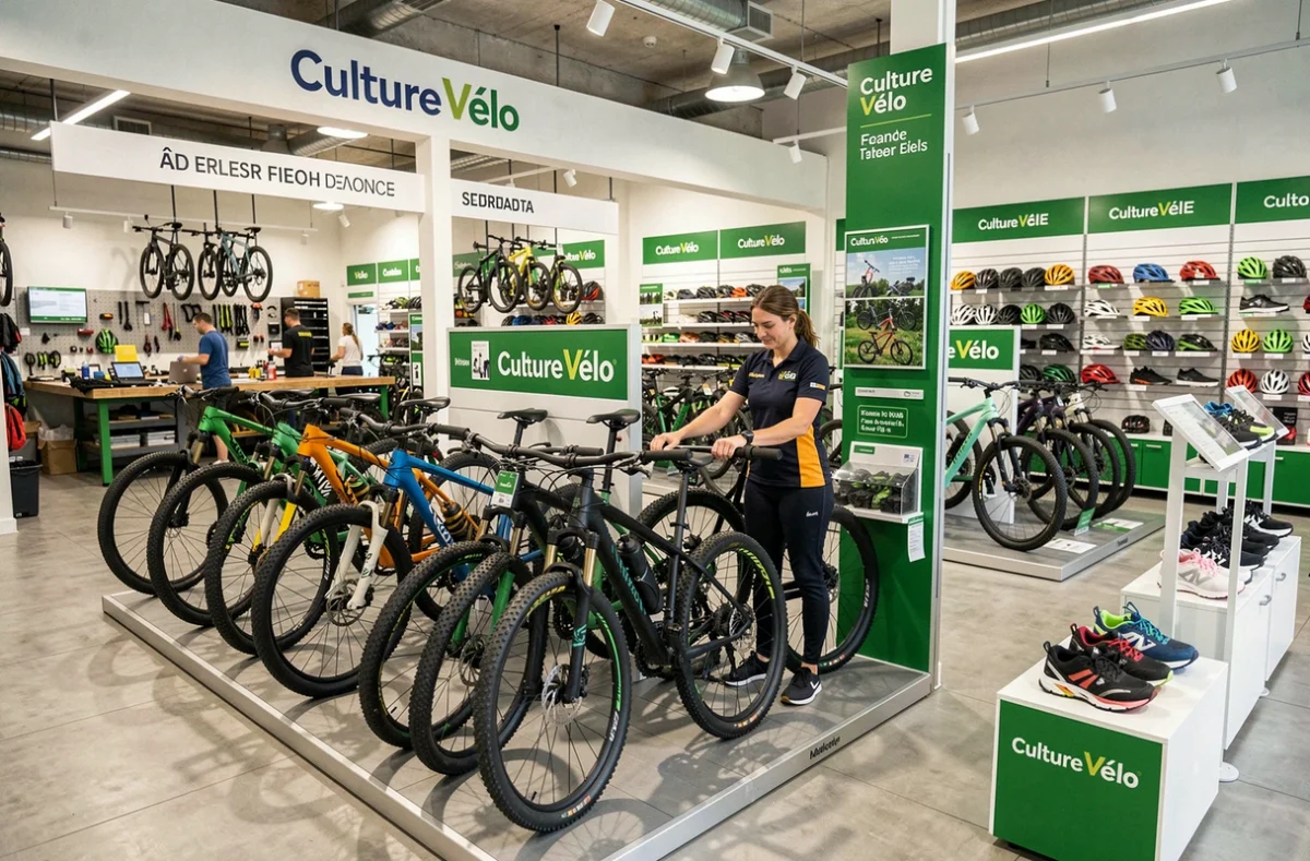 Responsable de magasin organisant un présentoir de VTT et vélos gravel dans l'espace commercial professionnel de Culture Vélo