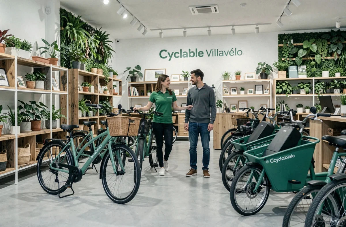 Conseillère présentant des vélos urbains et vélos cargo électriques dans la boutique moderne et écologique Cyclable Villavélo
