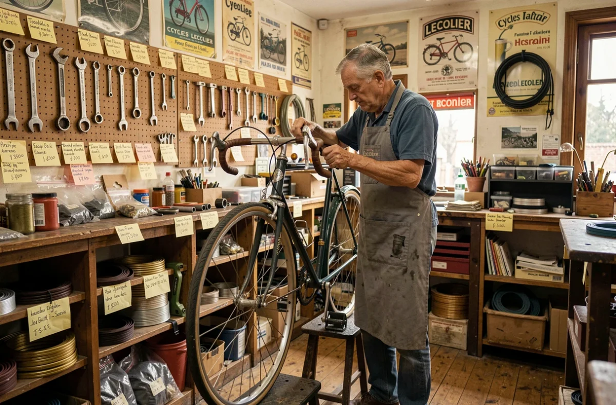 Mécanicien expérimenté réparant un vélo de randonnée dans l'atelier traditionnel de Cycles Lecolier, outils et pièces détachées en arrière-plan
