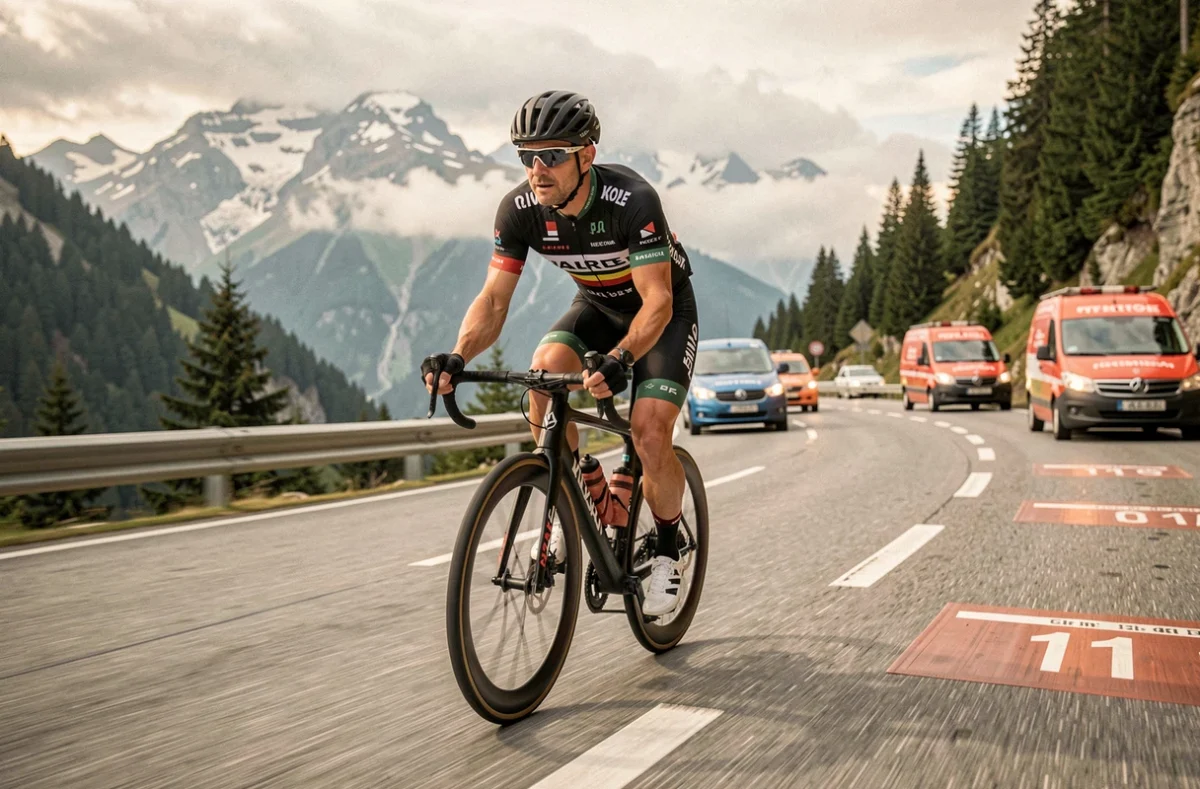 Cycliste professionnel en plein effort dans un col alpin, symbolisant la performance et les enjeux du mercato cyclisme 2026