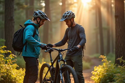 Vélo de montagne adulte ajustant la selle avec ami au trail