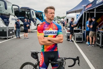 Cycliste professionnel en fin de contrat posant dans le paddock d'une course avec son vélo de route, illustrant le mercato cyclisme 2026