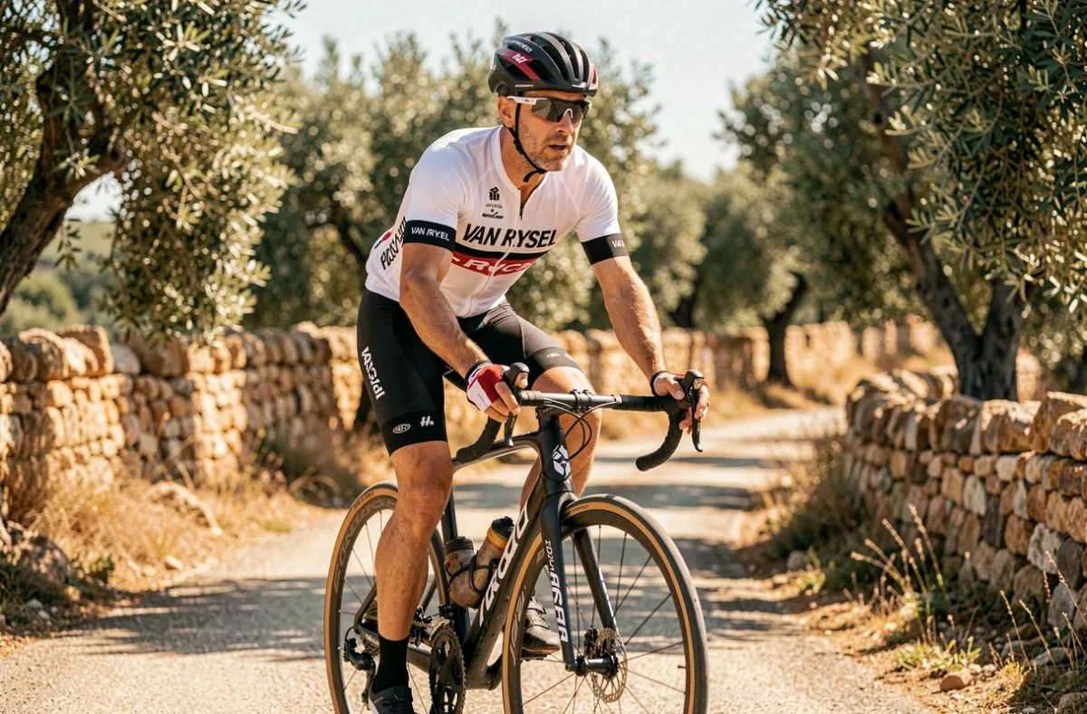 Cycliste homme sur un vélo Van Rysel RCR en pleine ascension sur une route de campagne en Provence