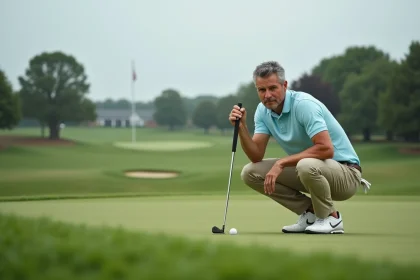 Débutant au golf accroupi sur le green étudiant sa ligne de putt avec concentration