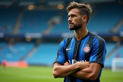 Joueur de football en maillot rayé bleu et noir sur le terrain de Serie A, regard contemplatif symbolisant le départ de Brozovic de l'Inter Milan