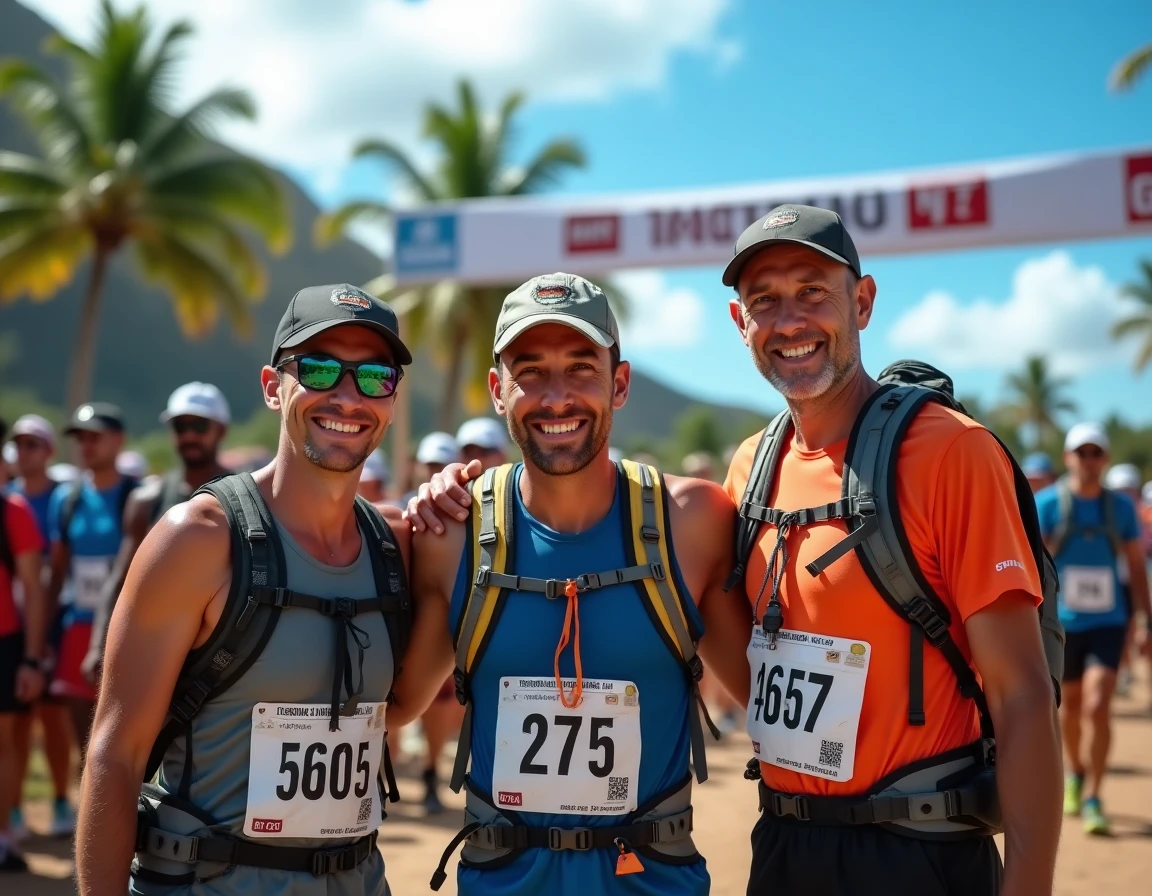 Groupe de coureurs au départ de la Diagonale des Fous à La Réunion avec dossards et sacs d'hydratation