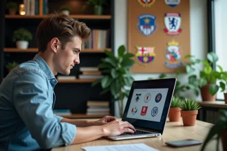 Jeune designer graphique travaillant sur logos de football
