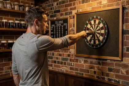 Homme adulte en position de lancer de fléchette vers une cible en sisal traditionnelle dans un pub maison avec décor en briques apparentes
