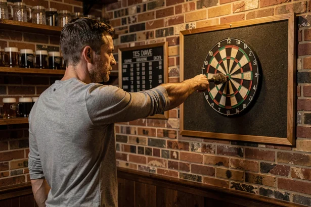 Homme adulte en position de lancer de fléchette vers une cible en sisal traditionnelle dans un pub maison avec décor en briques apparentes