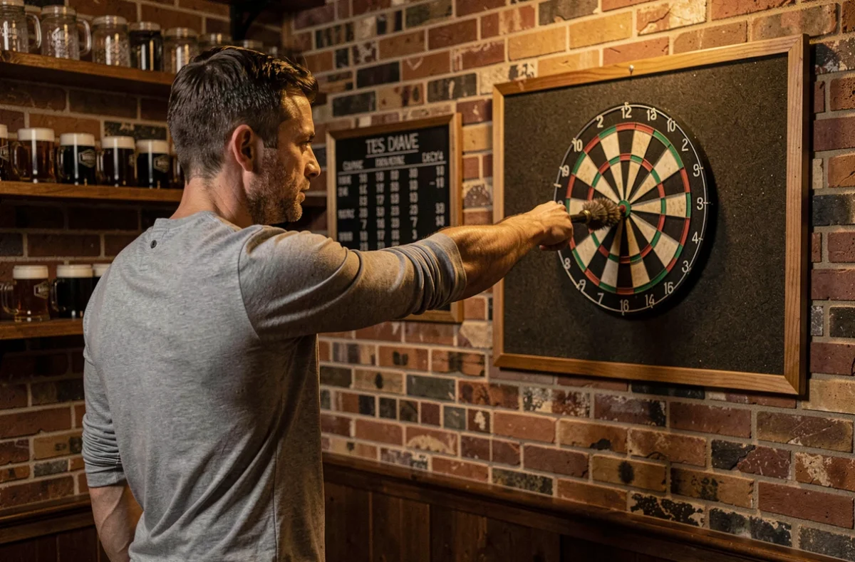 Homme adulte en position de lancer de fléchette vers une cible en sisal traditionnelle dans un pub maison avec décor en briques apparentes