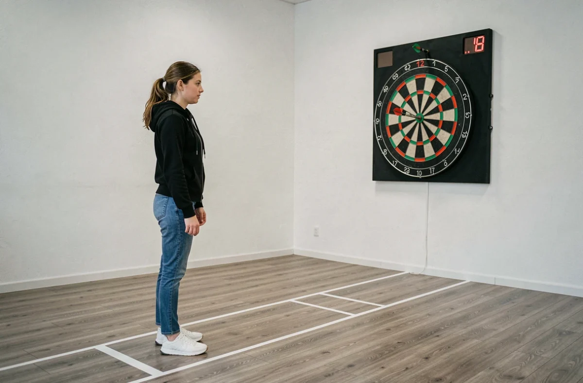 Femme jeune lançant une fléchette vers une cible électronique moderne dans une salle de jeux contemporaine, distance réglementaire visible au sol