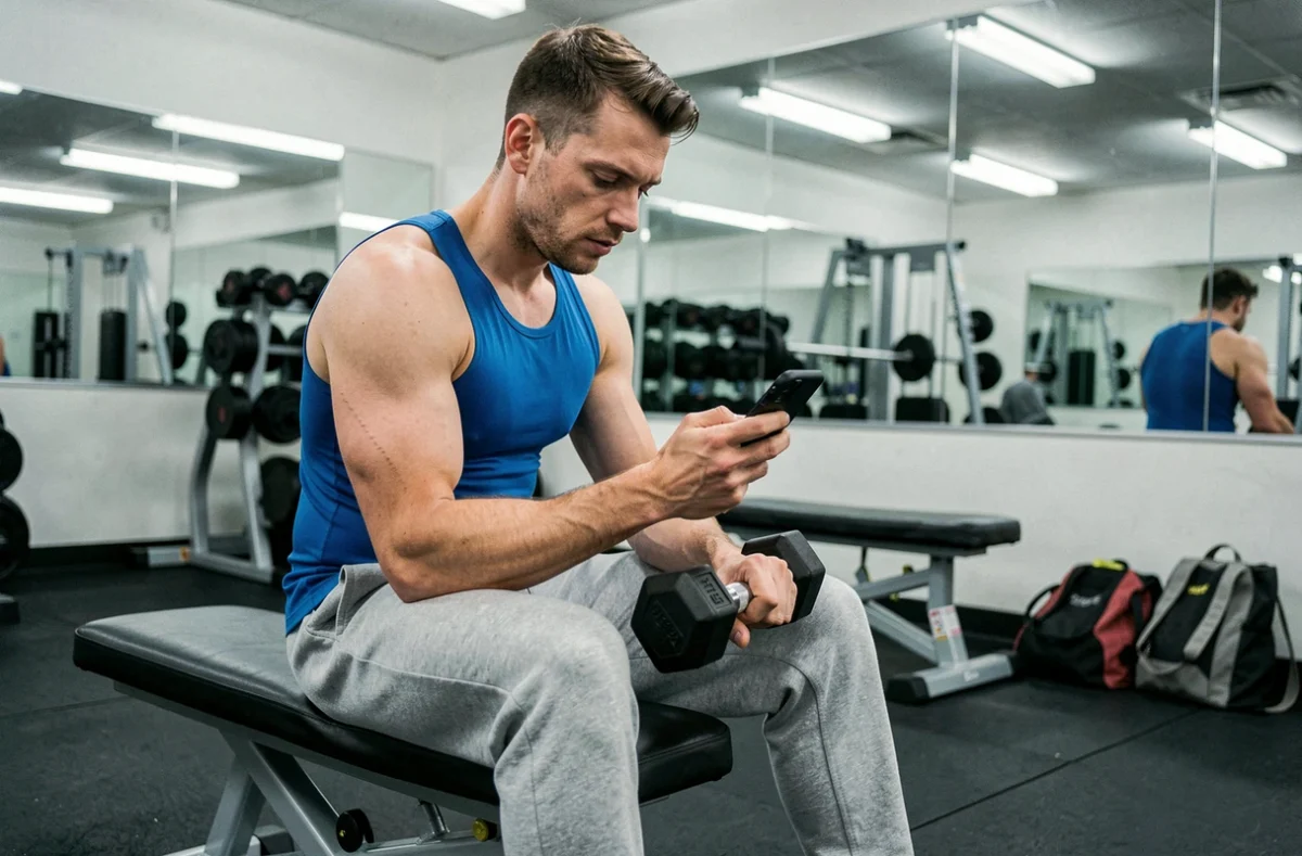 Homme distrait par son téléphone pendant une séance de musculation, assis sur un banc de curl
