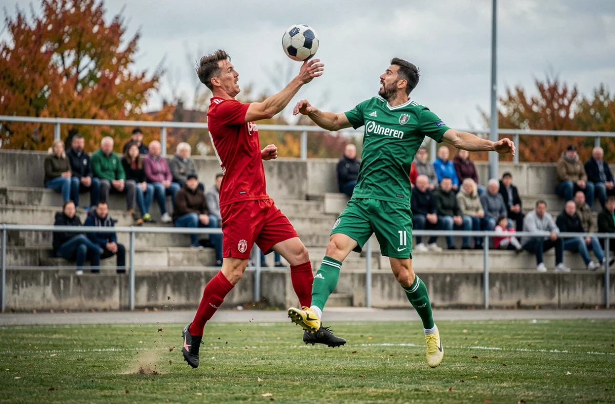 Duel aérien entre deux joueurs lors d'un match décisif pour le classement en championnat de district
