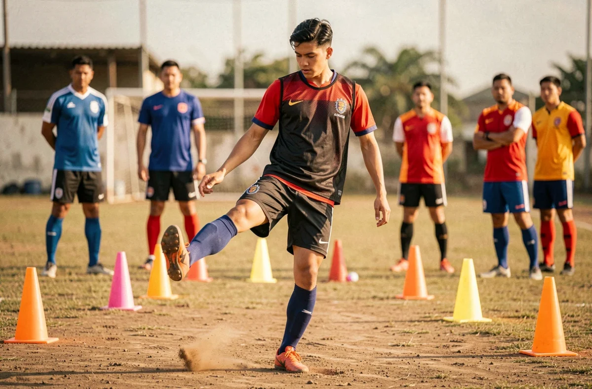 Jeune footballeur professionnel s'entraînant au geste technique de l'elastico sur le terrain d'entraînement du club