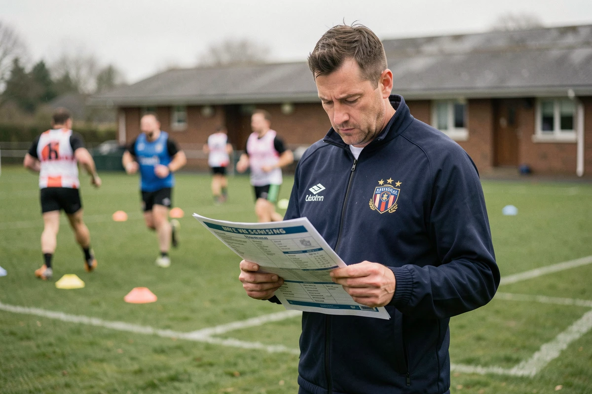 Entraîneur de rugby Fédérale 2 consultant le calendrier tactique en bord de terrain pendant l'entraînement