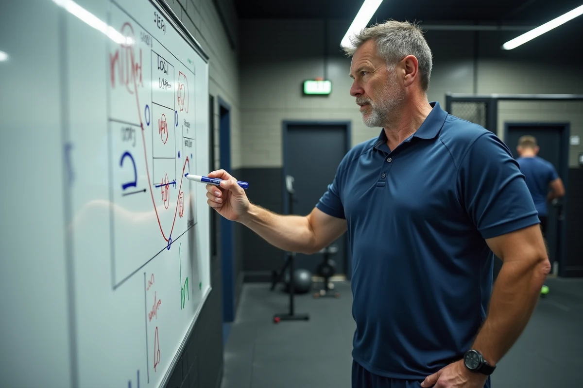 Entraîneur de rugby devant un tableau tactique dans un centre d'entraînement, analysant les nouvelles recrues après les transferts du Top 14