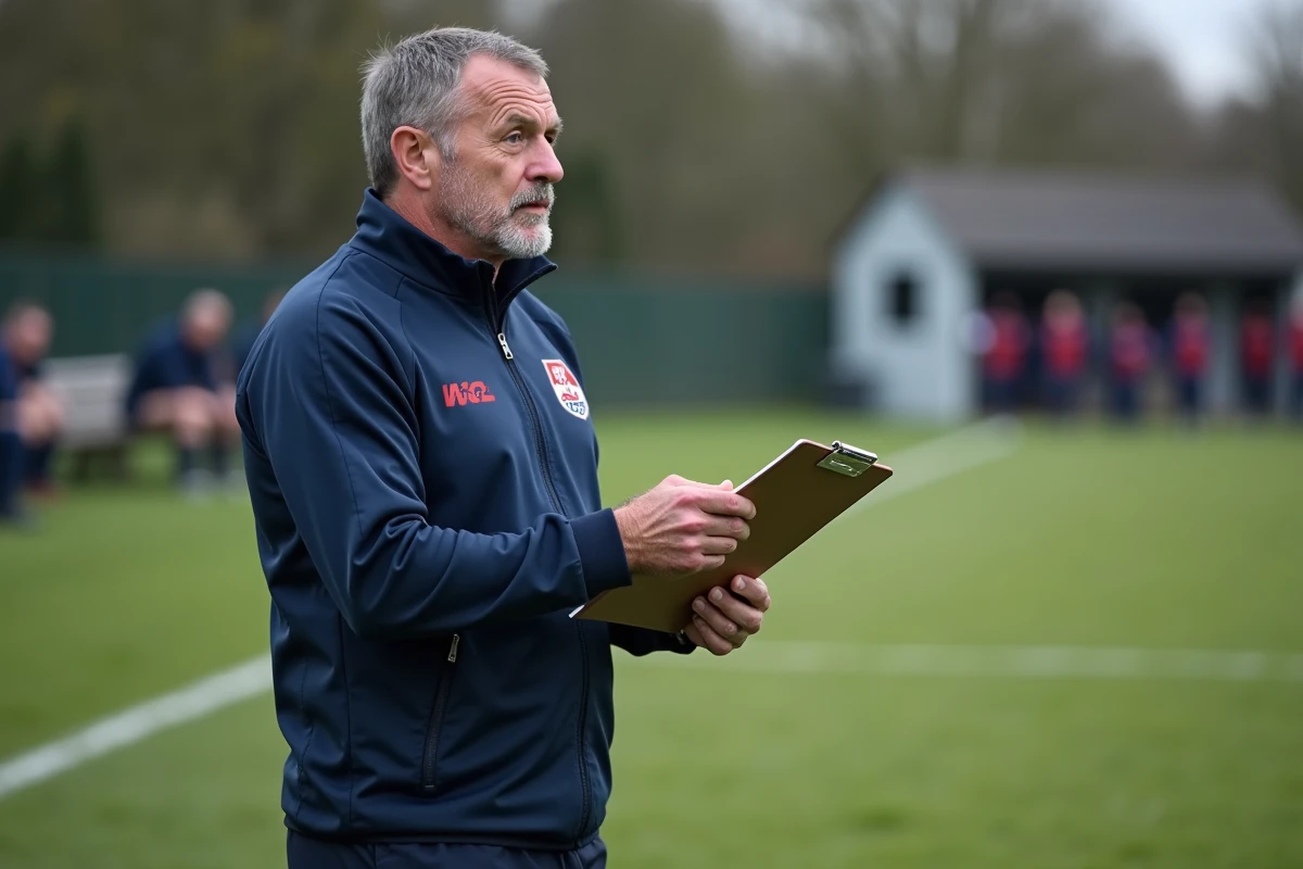 Entraîneur de rugby amateur sur la touche avec tableau tactique lors d'un match de Fédérale 2 Poule 3, survêtement marine avec badge de club