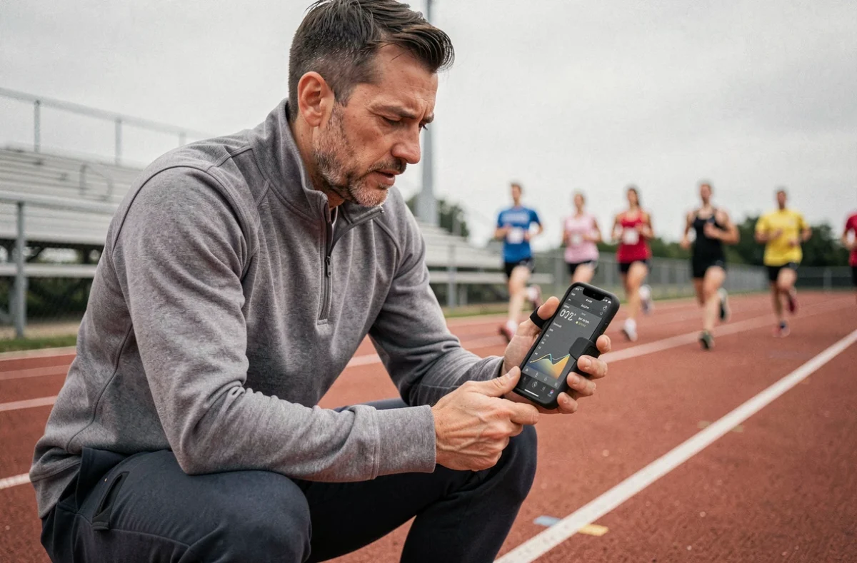 Entraîneur sportif consultant les statistiques de performance sur smartphone au bord d'une piste d'athlétisme