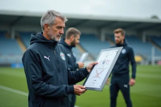 Entraîneur de football tactique analysant un tableau de jeu lors d'une séance d'entraînement professionnelle, évoquant l'évolution tactique de l'Inter Milan