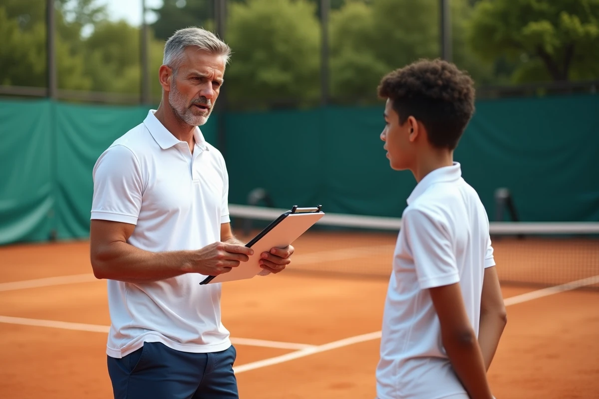 Entraîneur de tennis expliquant une technique à un jeune joueur sur un court en terre battue lors d'une session d'entraînement structurée