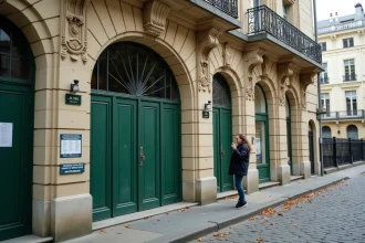 Entrée de la piscine des Buttes-aux-Cailles à Paris 13 avec son architecture Art déco et le panneau d'affichage des horaires
