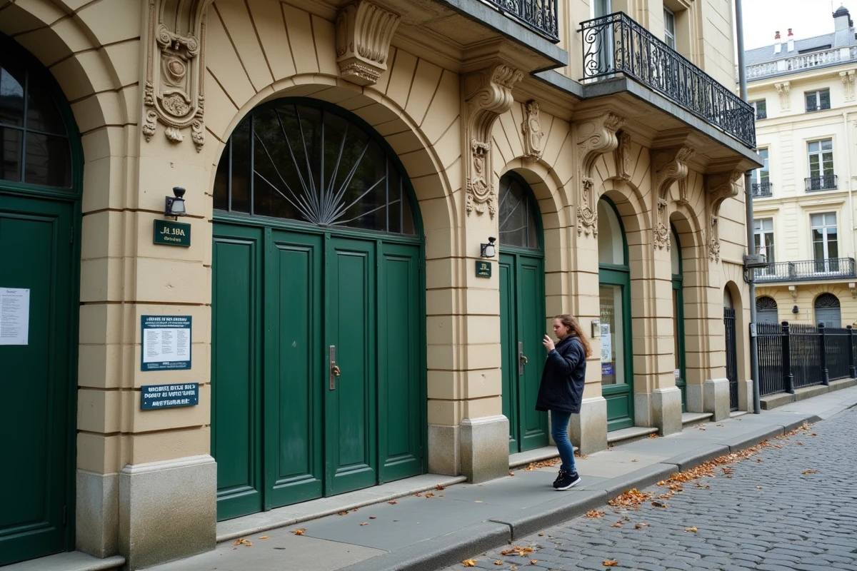 Entrée de la piscine des Buttes-aux-Cailles à Paris 13 avec son architecture Art déco et le panneau d'affichage des horaires