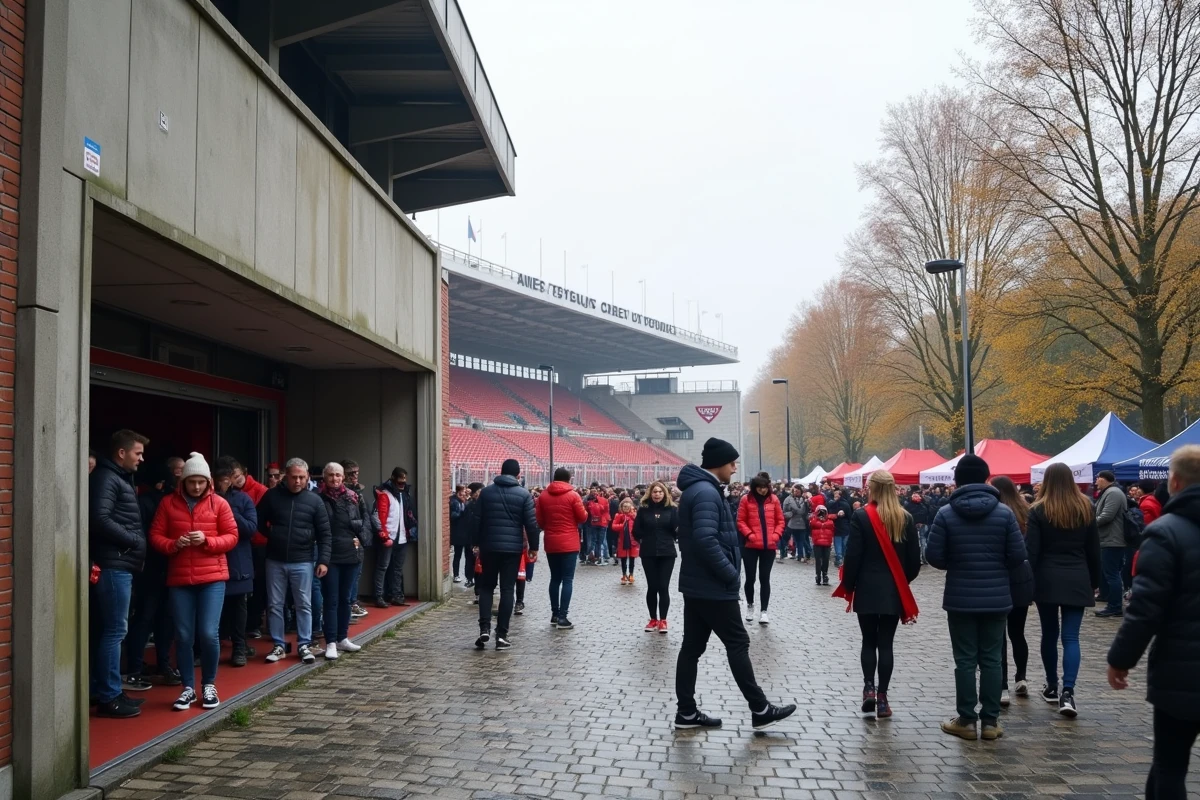 Entrée des supporters de l'AJ Auxerre au stade Abbé-Deschamps avant un match de Ligue 1, ambiance de jour de match