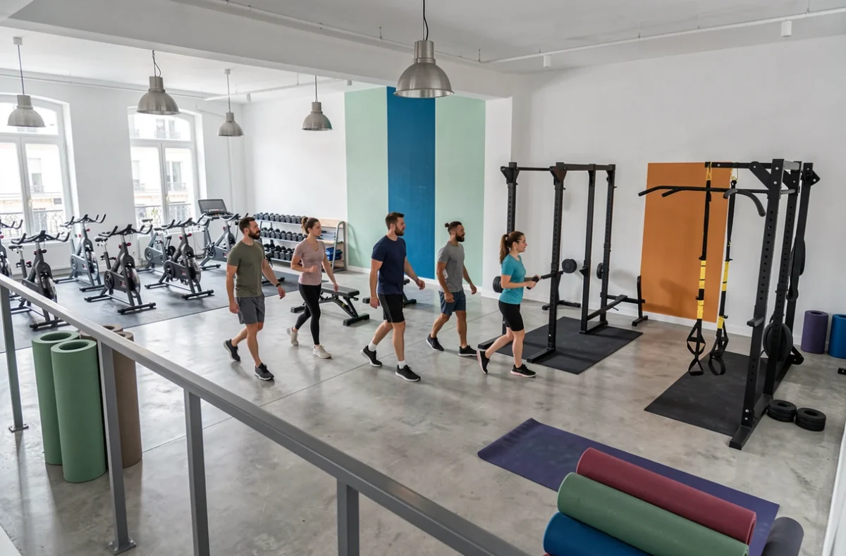 Studio de fitness EPISOD à Paris avec ses espaces multi-activités en open space, zones de cycling, entraînement fonctionnel et yoga