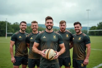 Groupe de joueurs de rugby souriants sur le terrain rural