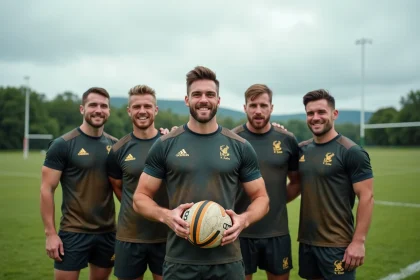 Groupe de joueurs de rugby souriants sur le terrain rural