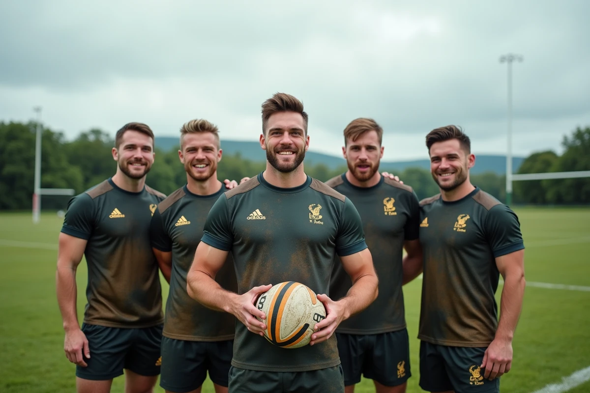 Groupe de joueurs de rugby souriants sur le terrain rural