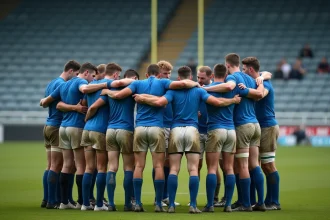 Joueurs de rugby amateurs en mêlée d'équipe avant un match de Fédérale 2 Poule 3, maillots bleus et blancs boueux sur un terrain en herbe